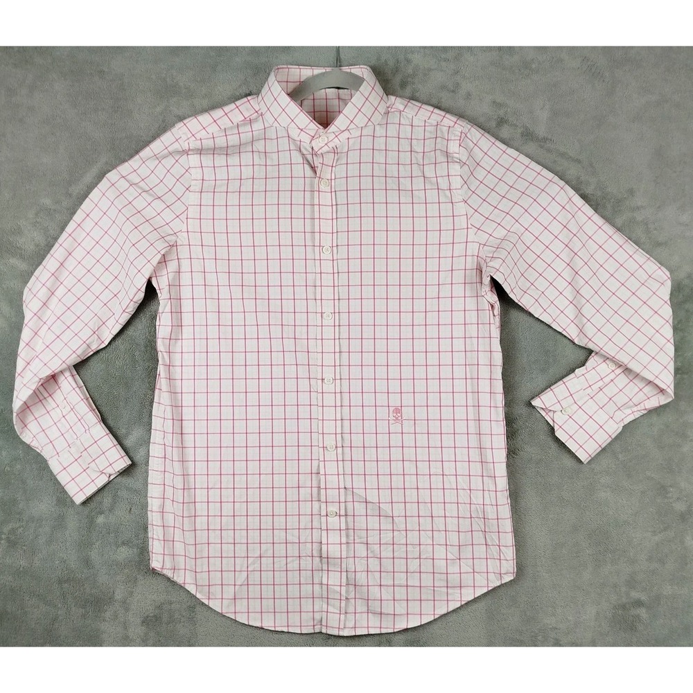 G/Fore Dress Shirt Mens M Pink White Plaid Logo Skull Crossbone Lightweight Golf